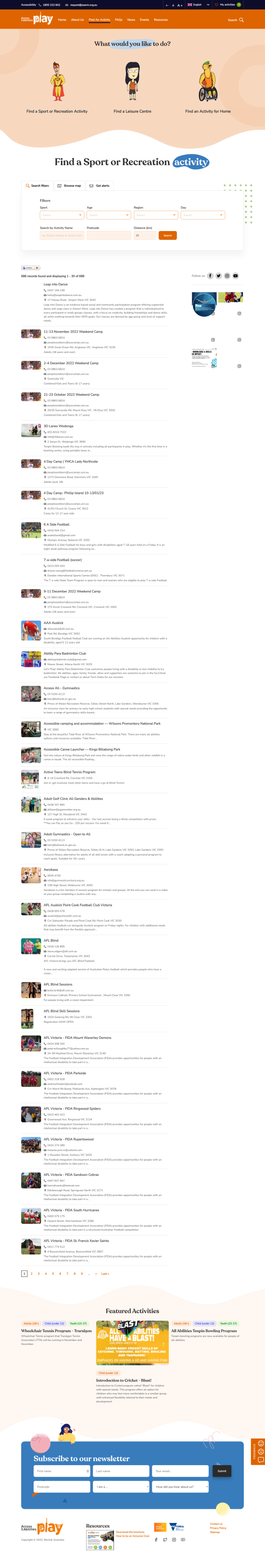 Find a Sport or Recreation Activity page