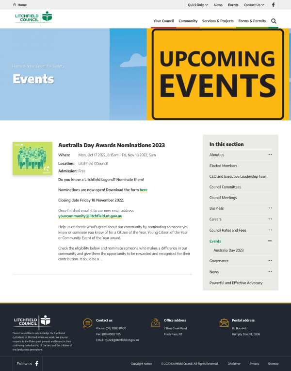 Upcoming events page